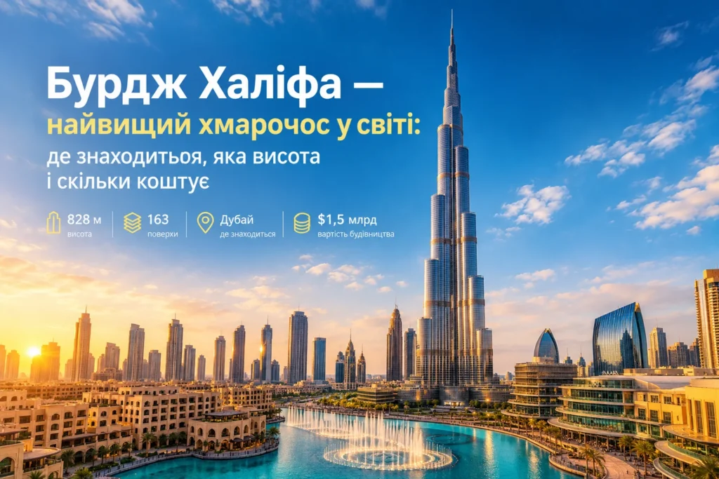 Бурдж Халіфа — найвищий хмарочос у світі заввишки 828 метрів у центрі району Даунтаун Дубай