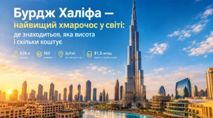 Бурдж Халіфа — найвищий хмарочос у світі заввишки 828 метрів у центрі району Даунтаун Дубай